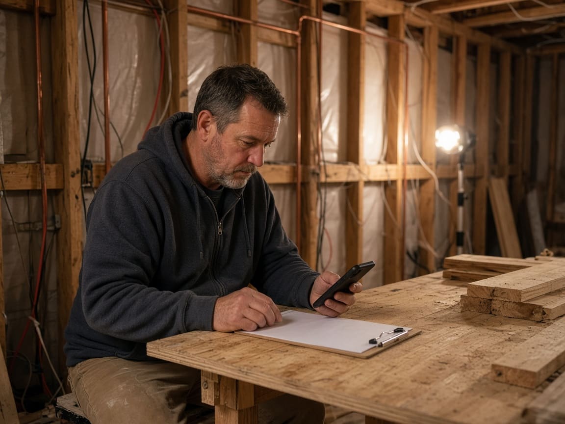 A contractor reviews a lead on a phone at a remodel.