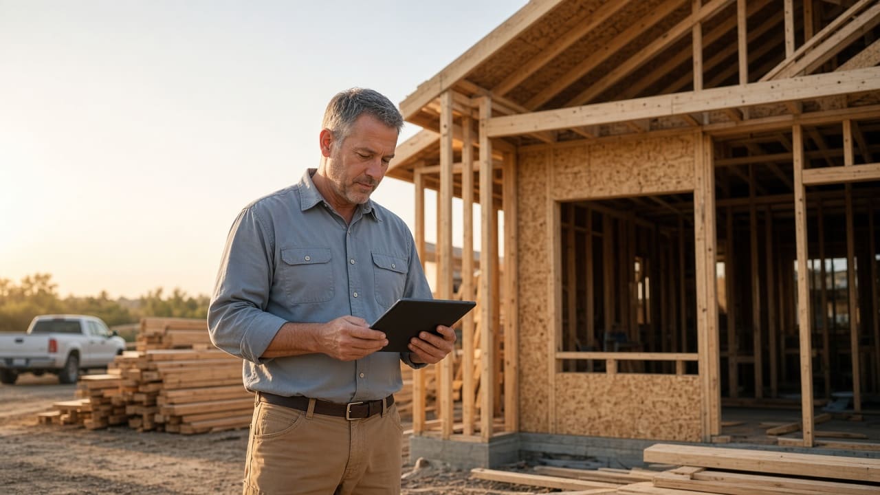 A contractor reviews a tablet beside a house under construction.