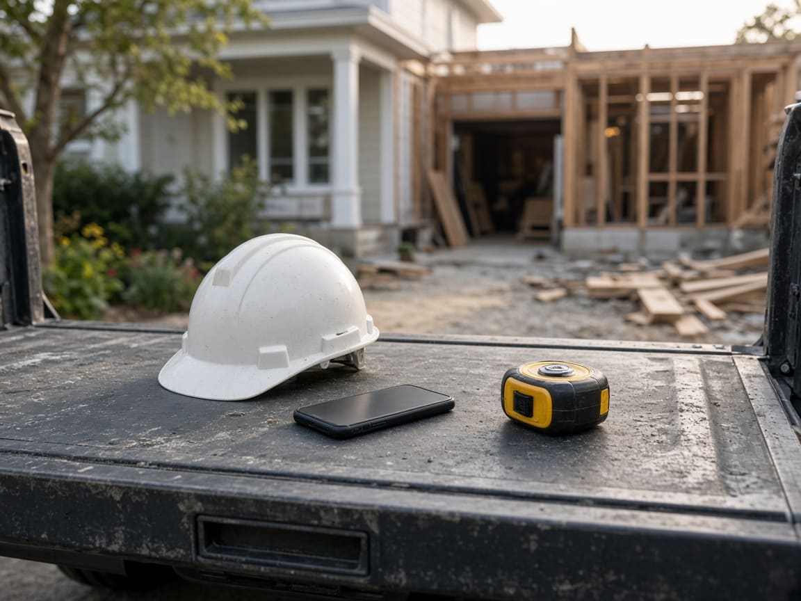 A hard hat, phone, and tape measure on a truck tailgate at a job site.