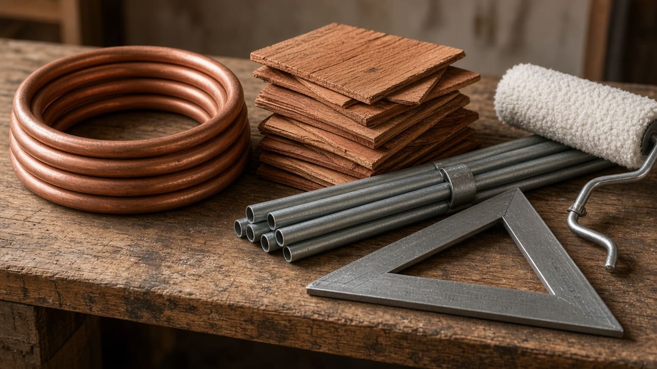 Copper pipe, shingles, conduit, a paint roller, and a framing square on a workbench.